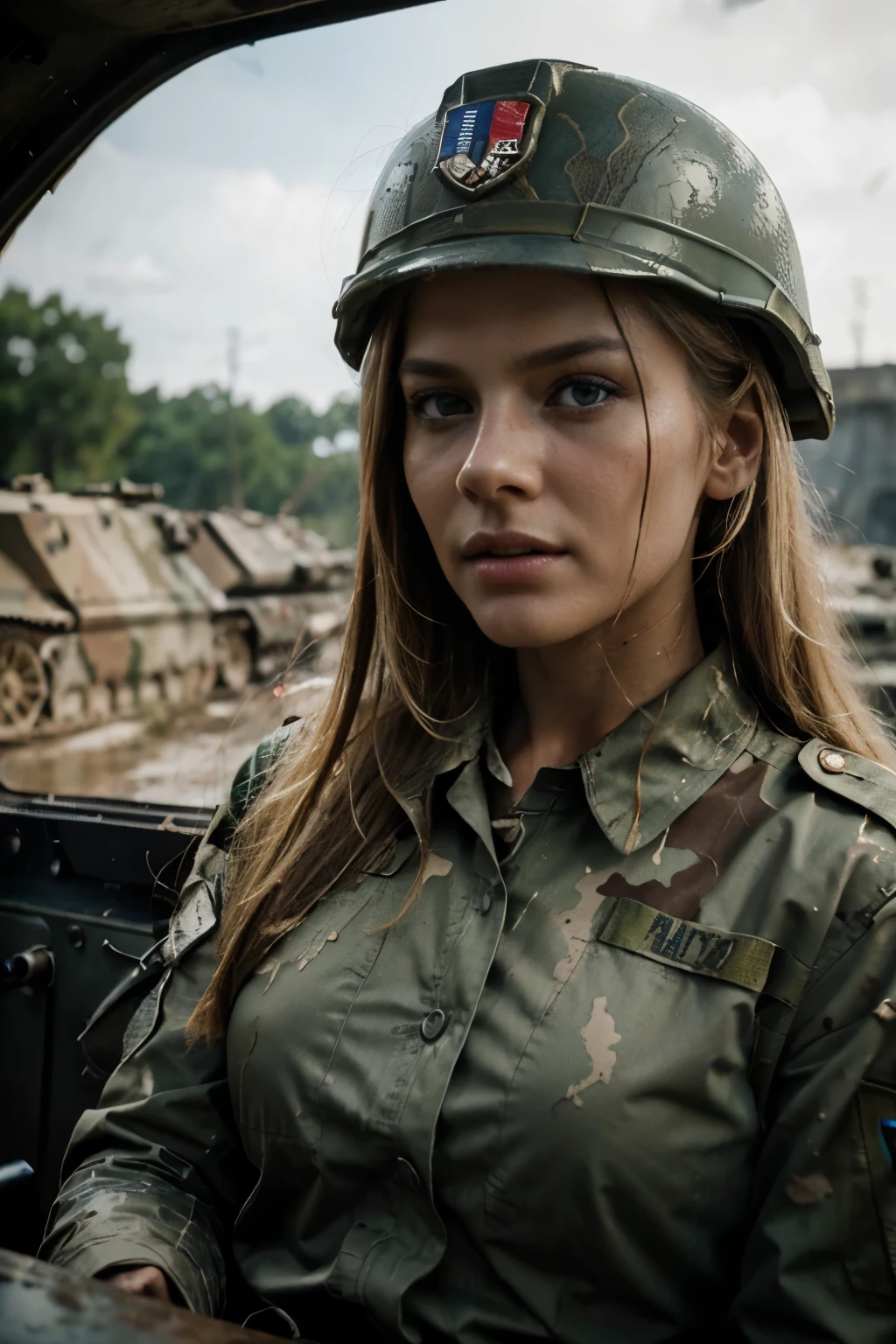 during the world war two, in the middle of the battlefield and explosions, screaming and angry, driving a tank, full view of a woman 30 years old, very long blond straight hair, blue eyes, slim, large chest, mud on the face and her uniform and blood on her uniform and her hands, she's wearing a in military uniform with army helmet, analog style, skin texture, film grain, Ultra High Resolution, best shadow, RAW, high detailed face, high detailed skin, high detail face, beautiful face, natural skin texture, no reflection, see the grain of its skin, high detailed face, high detailed skin, Fujifilm XT3, realistic photography, perfect face.