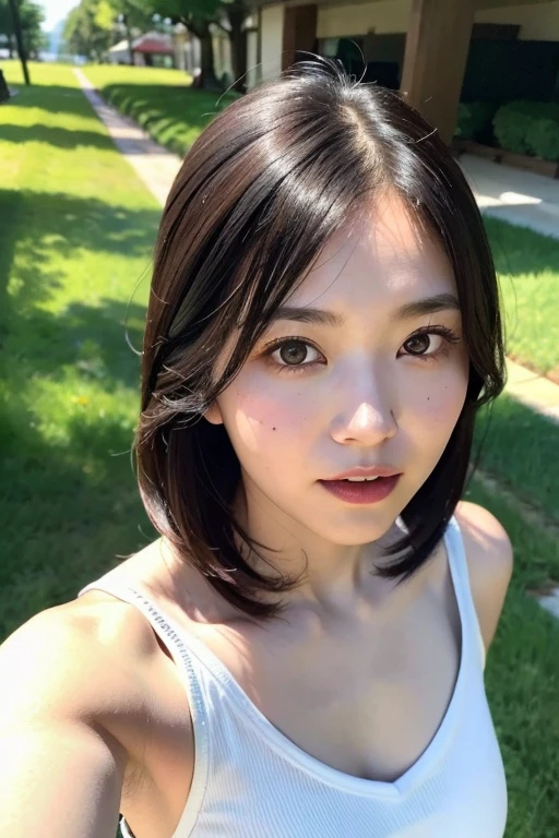 highest quality,masterpiece,Ultra-high resolution,(Realistic:1.4),Beautiful lighting, (Highly detailed CG Unity 8k wallpaper), Beautiful face in every detail,Detailed clothing, 50mm portrait photography, One Girl,Big black eyes, cute, young, stop temporarily, Facial lighting, Physically Based Rendering,Written boundary depth , Black Hair, Mole under the eye,(Serious face), ((Take from above)), (Open your mouth wide),Japanese women、20-year-old、camisole、Young beautiful woman taking selfie, Taken with iPhone camera