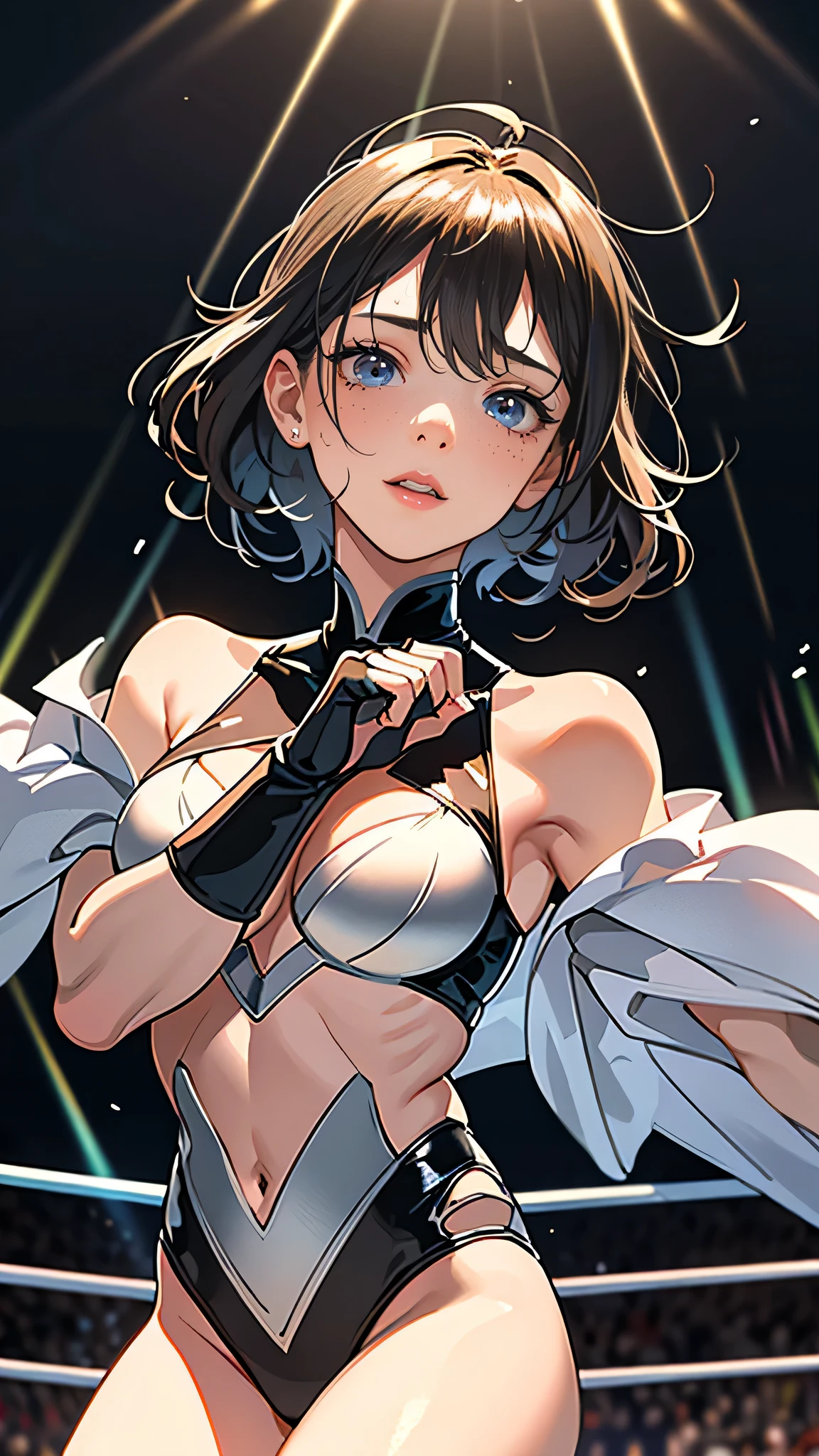 masterpiece, highest quality, (Highly detailed CG Unity 8k wallpaper), (highest quality), (Best illustrations), (Best Shadow), Confused, Realistic lighting, (abyss), Beautiful and delicate shine,victory,Random Pause,((Bare skin wet with sweat,Female professional wrestler)),Cute freckles on the cheeks,Mole under left eye,Cowboy Shot,Sweaty hair,A richly decorated wrestling costume,pain,suffering,ring,High Kick,