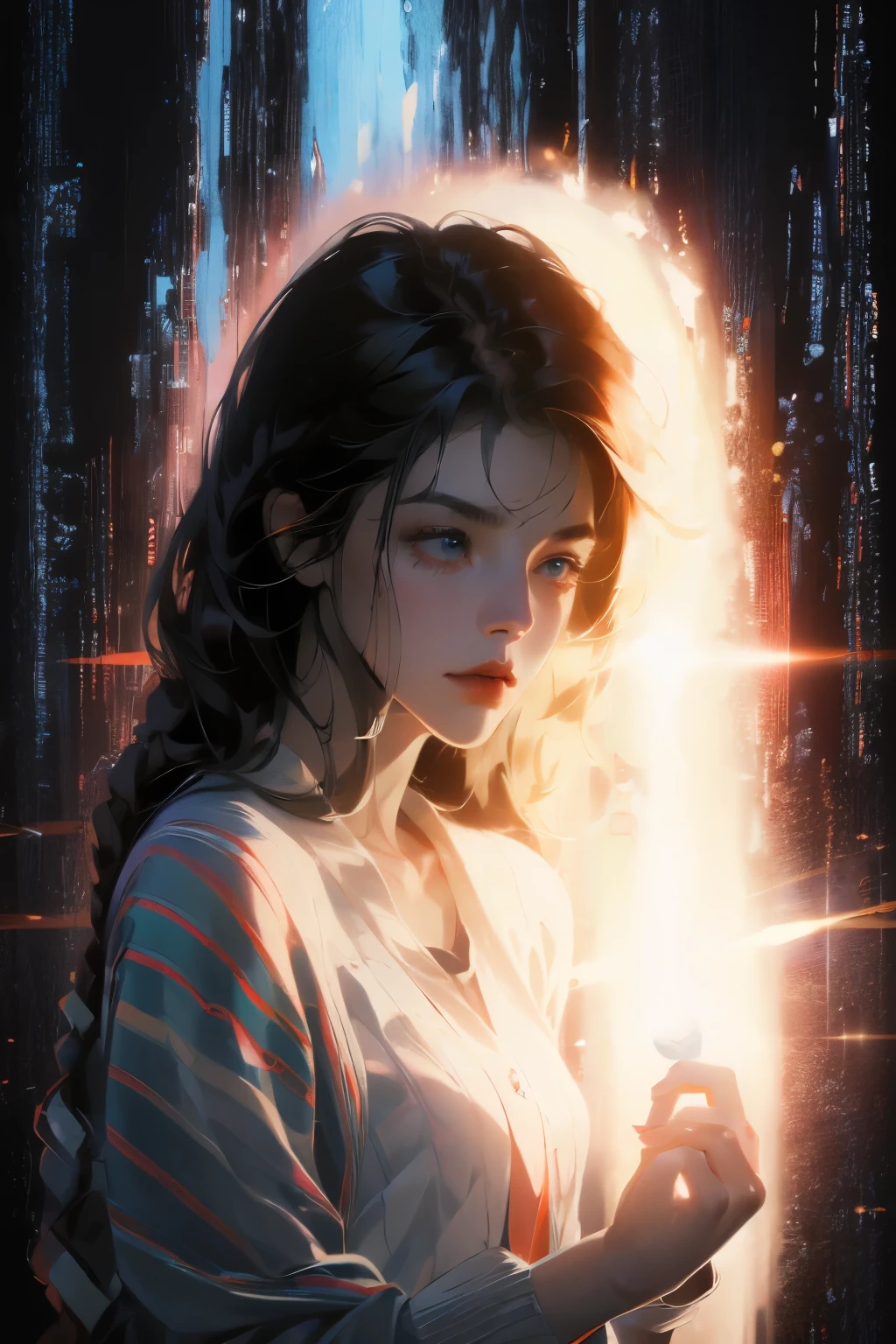 masterpiece, best quality, Ultra-high resolution (Reality: 1.4), original photo, 35mm lens, Aperture F1.4, Movie Posters, Light and Shadow, A girl, Wearing a white cardigan, Black long hair, Real skin, (Skin details: 1.3),