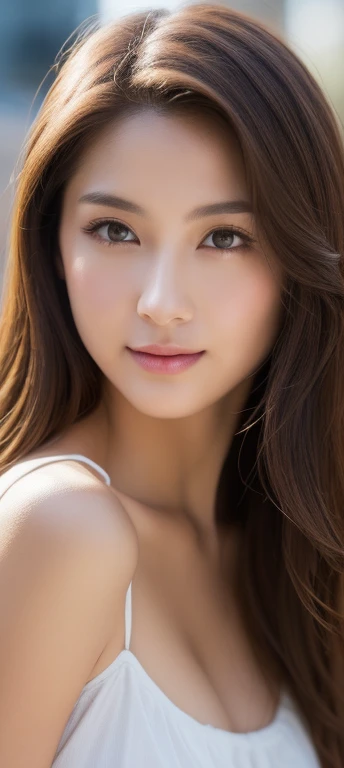 Brown haired woman 22 years old、Off-shoulder tops、welcome、Bloom、lens flare、(8k、Raw、professional、Top quality、masterpiece:1.2)、(Realist、Photorealistic:1.37)、Ultra Detailed、(25mm Portrait Front View)、(highest detailed skin:1.2)、(Extremely detailed face:1.2)、movie lighting、1 woman、Japanese、Brown long wavy hair、(windy)、walking on a street corner、warm natural light、cheek smile、Shooting from the front、((Top quality、8k、masterpiece:1.3))、Beautiful Women in Perfect Shape:1.4、Slim abdominal muscles:1.3、((Dark brown hair、Beautiful breasts:1.2))、Highly detailed face and skin texture、Delicate eyes、Double eyelids、(Key Points、sharp focus:face)、Beautiful and sexy、permanent、staring at me