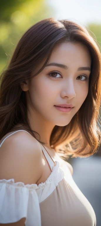  Brown haired woman 22 years old、Off-shoulder tops、welcome、Bloom、lens flare、(8k、Raw、professional、Top quality、masterpiece:1.2)、(Realist、Photorealistic:1.37)、Ultra Detailed、(25mm Portrait Front View)、(highest detailed skin:1.2)、(Extremely detailed face:1.2)、movie lighting、1 woman、Japanese、Brown long wavy hair、(windy)、walking on a street corner、warm natural light、cheek smile、Shooting from the front、((Top quality、8k、masterpiece:1.3))、Beautiful Women in Perfect Shape:1.4、Slim abdominal muscles:1.3、((Dark brown hair、Beautiful breasts:1.2))、Highly detailed face and skin texture、Delicate eyes、Double eyelids、(Key Points、sharp focus:face)、Beautiful and sexy、permanent、staring at me
