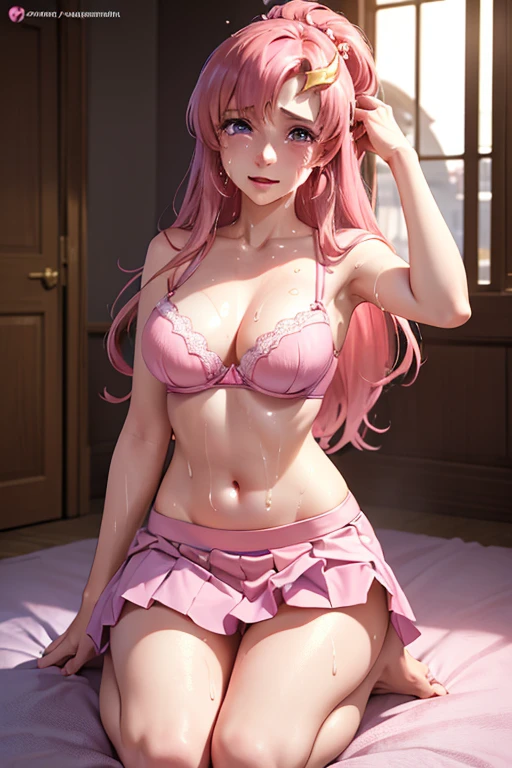 Very detailed CG Unity 8K wallpaper, Cute One lady, Mature Hair、lady ,beautiful lady, pale skin (Super masterpiece, Beautiful person, well detailed face polluted smile, Photorealistic, hyper realisitic), Perfect hands、Five fingers、Perfect hands、Perfect legs、Perfect toes、
((20year old、Pink Bra、Pink gorgeous skirt 、Best Bust、(Bust 85cm)、(middle breasts)、
open chest wide、Happiness、A slender、Shy face、earrings、kneeling,Get closer to your audience、The gesture of pulling up the hair:1.3))、(Crying face:1.7)、
hiquality、visualart、Romance movie style、
(In a crowded city、seen by many people)、cleavage,cleavage cutout、(Sweaty all over:1.5)、midriff peek、
lacus clyne, (purple eyes:1.1), hair ornament, long hair, wave hair ornament, pink hair,