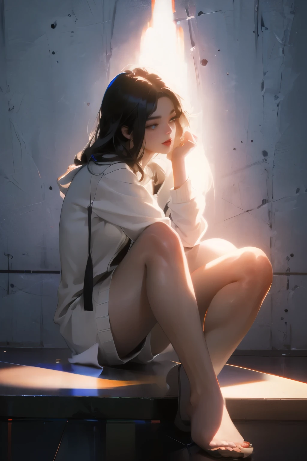 masterpiece, best quality, Ultra-high resolution (Reality: 1.4), original photo, 35mm lens, Aperture F1.4, Movie Posters, Light and Shadow, A girl, Wearing a white cardigan, Black long hair, Real skin, (Skin details: 1.3),