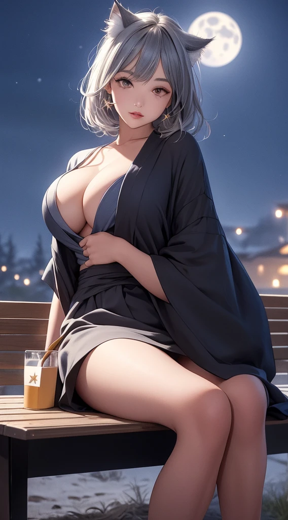 masterpiece, high quality, 4K, Beautiful design, silhouette,Gray Hair, 非常に詳細な夜のStarry Sky,Sitting on a bench in a flower field, wonderful, Finer details, Very knowledgeable woman, Highly detailed solo, 1 female,Cat ear,Big Breasts,kimono,Night view,Starry Sky,full moon,