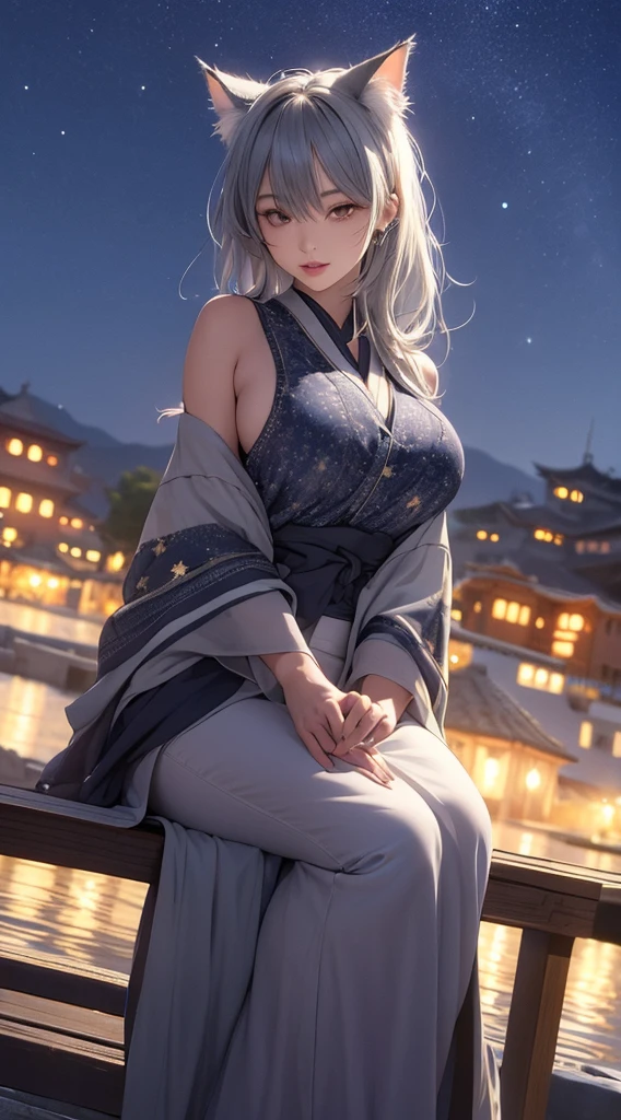 masterpiece, high quality, 4K, Beautiful design, silhouette,Gray Hair, 非常に詳細な夜のStarry Sky,Sitting on a bench in a flower field, wonderful, Finer details, Very knowledgeable woman, Highly detailed solo, 1 female,Cat ear,Big Breasts,kimono,Night view,Starry Sky,full moon,