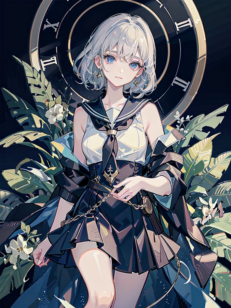absurdres, RAW photo, extremely delicate and beautiful, masterpiece, Best Quality, ultra high resolution, 32k, hyperrealistic, ultra-detailed, detailed description, pale skin, 20 years old, delicate facial features, detailed beautiful face and eyes, tearful mole, earring, Colossal tits, short medium hair, wavy hair, full body shot, sailor uniform,