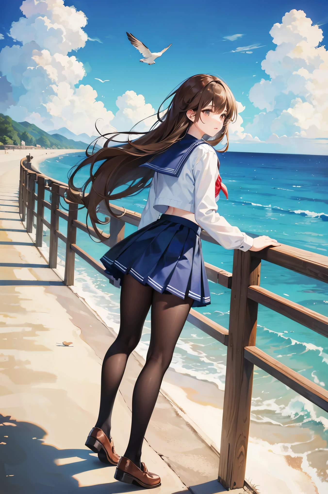 1girl, pantyhose, skirt, long hair, brown hair, blue skirt, bird, outdoors, solo, school uniform, railing, from behind, day, ocean, shoes, pleated skirt, sky, black pantyhose, long sleeves, arm up, brown footwear, facing away, loafers, standing, seagull, blue sky, sailor collar, serafuku, blue sailor collar, standing on one leg, water, full body, cloud, miniskirt, beach, animal, horizon, signature, artist name, dated
