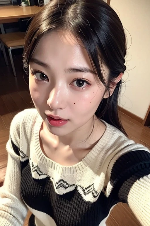 highest quality,masterpiece,Ultra-high resolution,(Realistic:1.4),Beautiful lighting, (Highly detailed CG Unity 8k wallpaper), Beautiful face in every detail,Detailed clothing, 50mm portrait photography, One Girl,Big black eyes, cute, young, stop temporarily, Facial lighting, Physically Based Rendering,Written boundary depth , Black Hair, Mole under the eye,(Serious face), ((Take from above)), (Open your mouth wide),Japanese women、20-year-old、Knitted sweater、Young beautiful woman taking selfie, Taken with iPhone camera