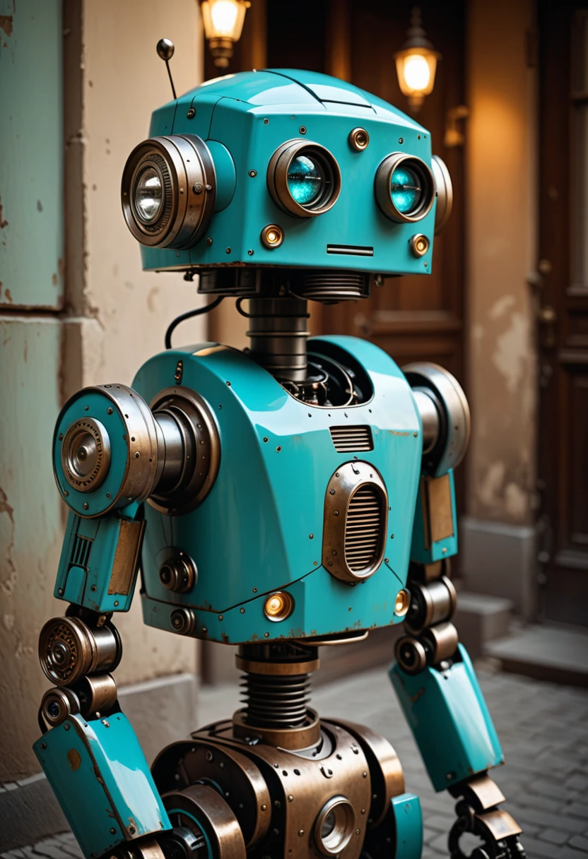 (Full-length view. Little funny Robot), porcelain face and head, big turquoise eyes, perfect eyes, top quality style. Beautiful cinematic impressionistic picture, dark dramatic character, in the style of Jeremy Mann and Charles Dana Gibson, Mark Demsteder, Paul Headley. Spartak Mukanov. (Little funny Robot) (full length, wide angle, centered, no cropping) – with 916 (for example --ar 916 --ar 12)