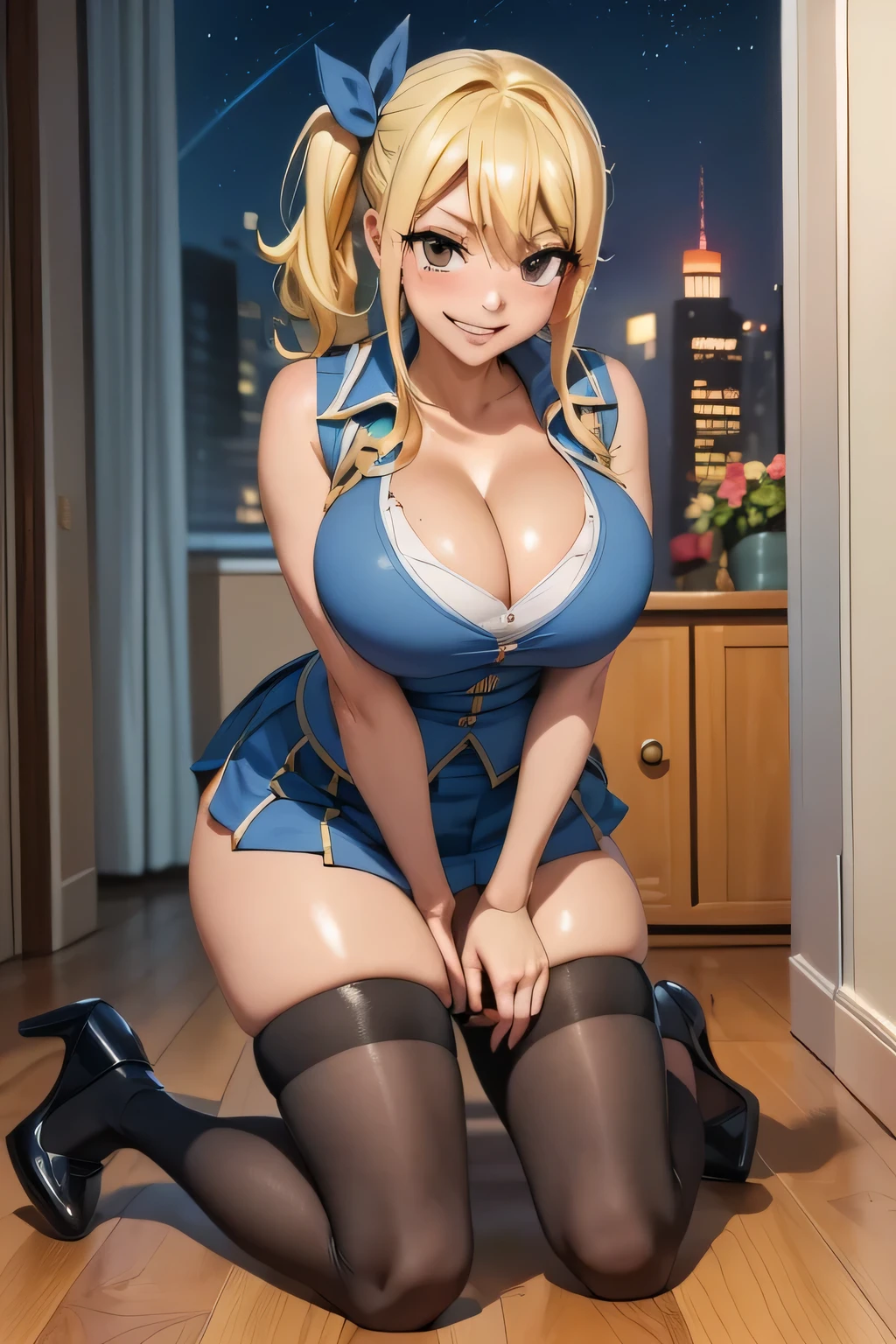 (high quelity), Lucy Heartfilia, JK, uniform, thight stockings, high heels, mischievous smile, light blush, looking at viewer, huge breasts, precise hands, submissive pose, detailed background, cleavage