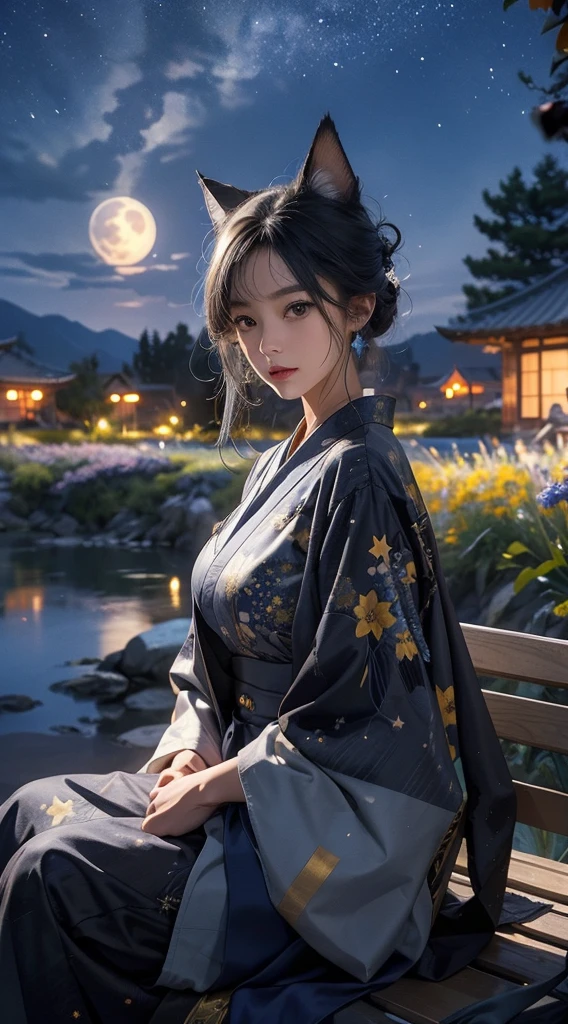 masterpiece, high quality, 4K, Beautiful design, silhouette，Gray Hair， 非常に詳細な夜のStarry Sky,Sitting on a bench in a flower field， wonderful, Finer details,  Very knowledgeable woman, Highly detailed solo, 1 female,Cat ear，Big Breasts，kimono，Night view，Starry Sky，full moon，