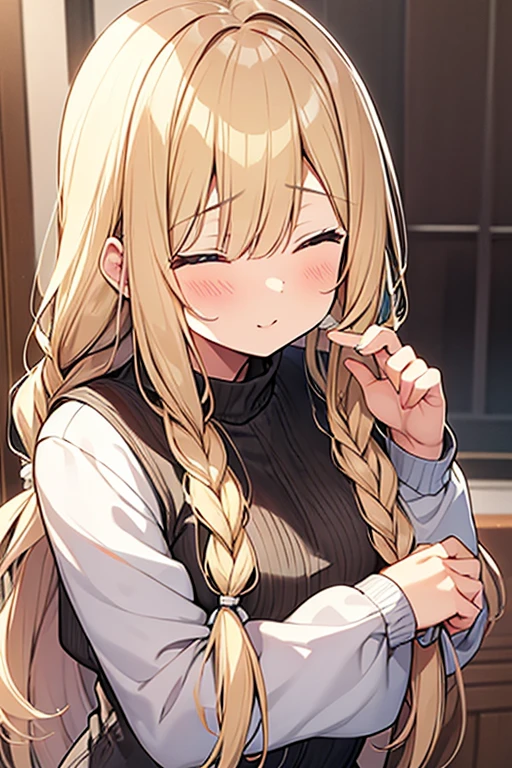 (Blonde、Long Hair、Braided hair、Wavy Hair、Being lazy),(sexual ecstasy face) ,embarrassed,blush