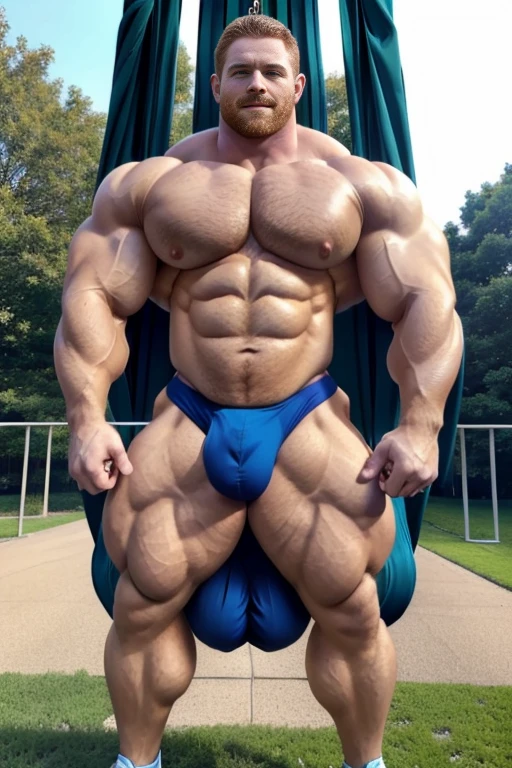 (1boy), (soft smile), tan skin, (natural daylight:1.3), (muscular:1.7), (defined muscles:1.5), (beautiful:1.5), (handsome:1.4), (gorgeous:1.3), (ginger:1.3), flexed chest, white jockstrap, bowtie, (good face:1.5), (male model:1.3), dimly lit, dark studio, beefy, bulky, matured man with a beard, crossing arms, arms crossed, rugged, hairy, strained muscles, Big muscular man with blue eyes and extremely defined vascular muscles, perfect six pack, (big package bulge:1.5), (hung:1.9), lean but ripped, big daddy, very slim waist, broad shoulders, wide chest, park background, naturalistic body, crossing arms