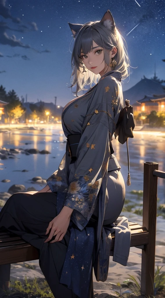 masterpiece, high quality, 4K, Beautiful design, silhouette，Gray Hair， 非常に詳細な夜のStarry Sky,Sitting on a bench in a flower field， wonderful, Finer details,  Very knowledgeable woman, Highly detailed solo, 1 female,Cat ear，Big Breasts，kimono，Night view，Starry Sky，full moon，