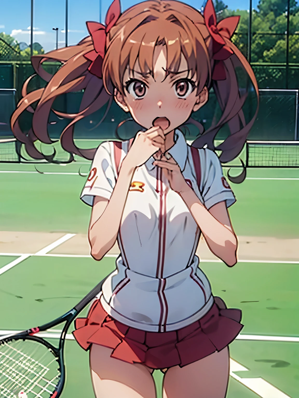 NSFW,shirai_kuroko,Tennis Wear,Micro Mini Skirt,Surprised,blush,Tennis court,(Perfect hands),(Perfect Anatomy),(masterpiece),(highest quality)