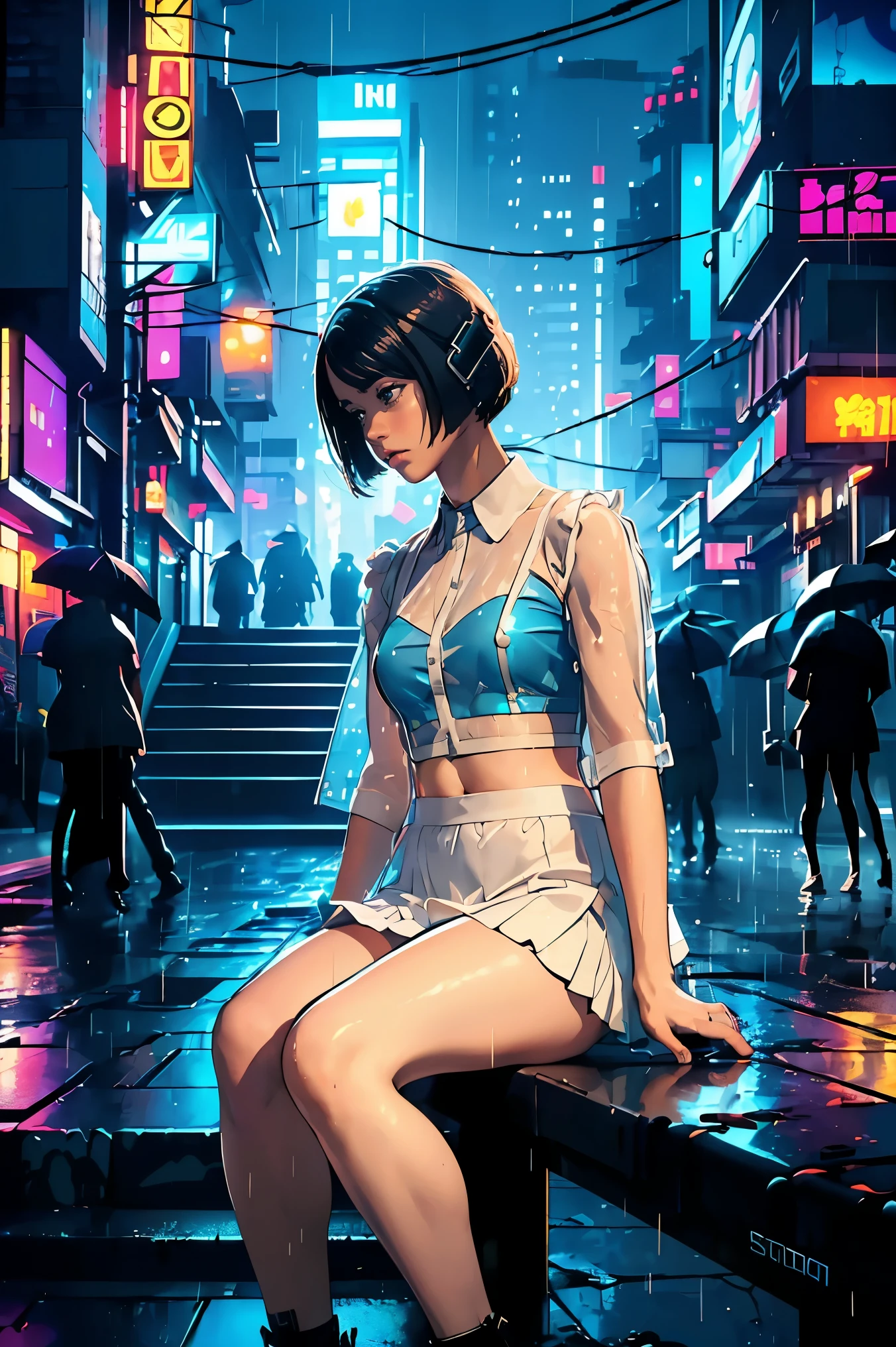 (((realistic))) photo, (full body), masterpiece, highest quality, high detail, solo focus, sfw, 1girl, (sorrow, cry), (((girl, sit on a stairs ledge in the rain))), (small breasts:1.1), (short:1.0), , (see through white frilly shirt:1.15), wet, (heavy_rain:1.6), shy, embrassed, (panty stretched:1.29), little school backpack, (light brunet hair:1.15), (wavy bob cut:1.3), (cyberpunk cities background:1.31), (neon lights, detailed lighting, soft neon lights, cinematic light), depth of field,