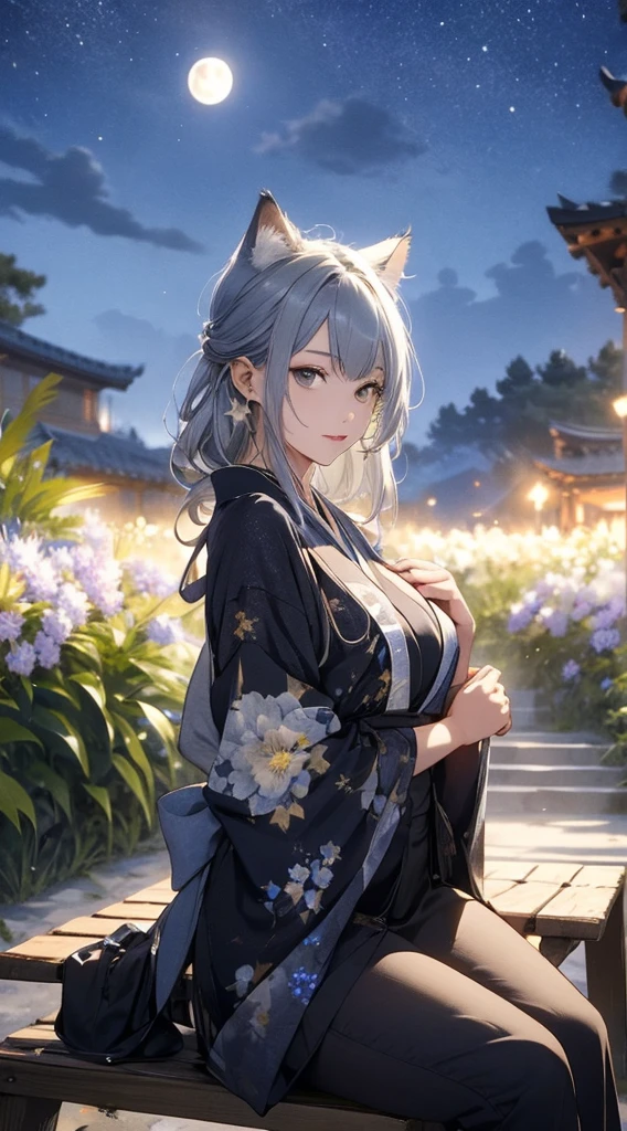 masterpiece, high quality, 4K, Beautiful design, silhouette，Gray Hair， 非常に詳細な夜のStarry Sky,Sitting on a bench in a flower field， wonderful, Finer details,  Very knowledgeable woman, Highly detailed solo, 1 female,Cat ear，Big Breasts，kimono，Night view，Starry Sky，full moon，