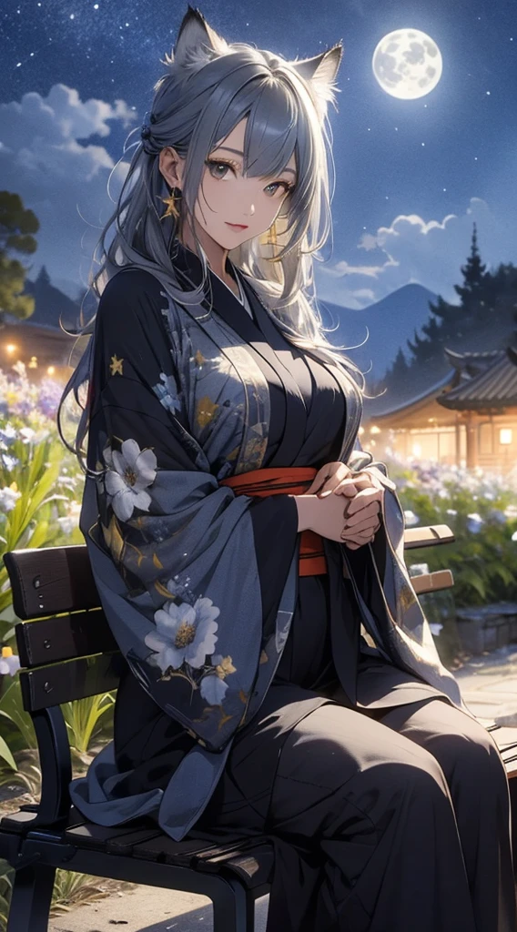 masterpiece, high quality, 4K, Beautiful design, silhouette,Gray Hair, 非常に詳細な夜のStarry Sky,Sitting on a bench in a flower field, wonderful, Finer details, Very knowledgeable woman, Highly detailed solo, 1 female,Cat ear,Big Breasts,kimono,Night view,Starry Sky,full moon,