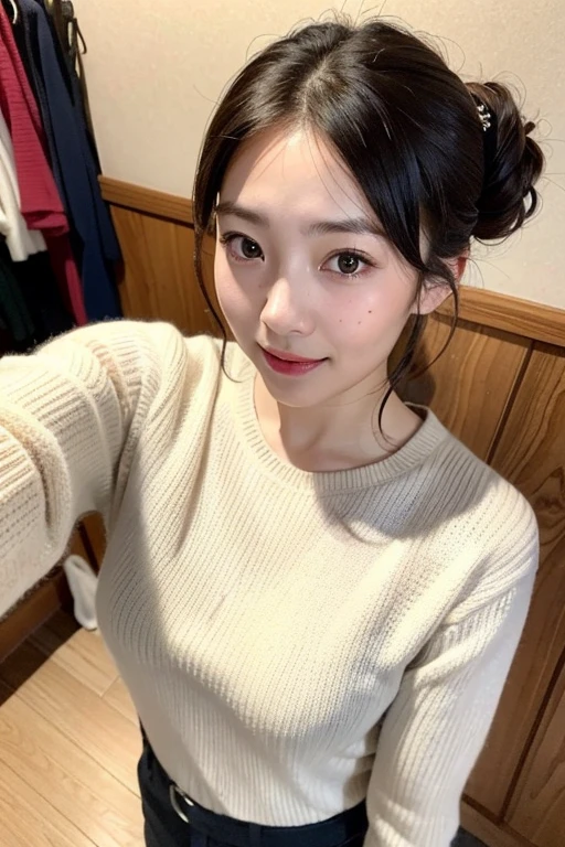 highest quality,masterpiece,Ultra-high resolution,(Realistic:1.4),Beautiful lighting, (Highly detailed CG Unity 8k wallpaper), Beautiful face in every detail,Detailed clothing, 50mm portrait photography, One Girl,Big black eyes, cute, young, stop temporarily, Facial lighting, Physically Based Rendering,Written boundary depth , Bun Hair, Mole under the eye,(Serious face), ((Take from above)), (Open your mouth wide),Japanese women、20-year-old、Knitted sweater、Young beautiful woman taking selfie, Taken with iPhone camera
