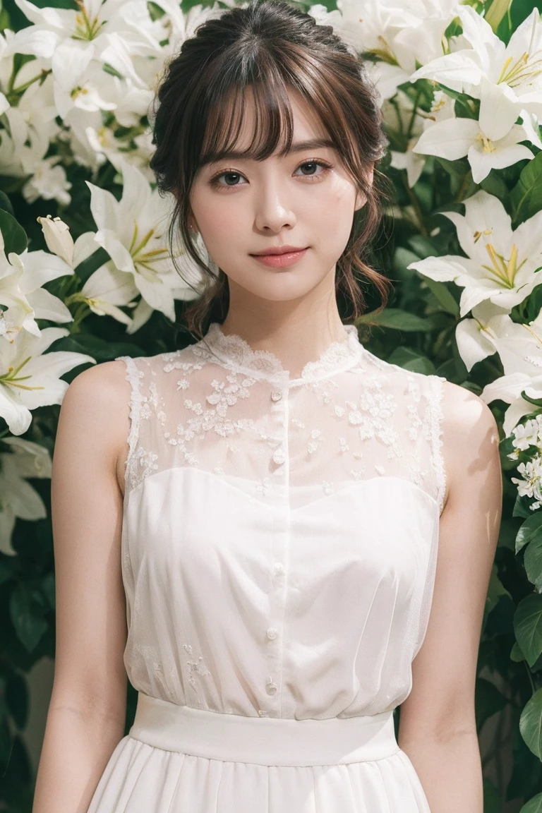 Medium display, Medium Shot, Written boundary depth, bust, Upper Body, Movie angle, masterpiece, highest quality, Very detailed, CG, 8k wallpaper, Beautiful Face, Delicate eyes, Otome, alone, smile, bangs, skirt, Formal blouse, Bouquet of lilies
