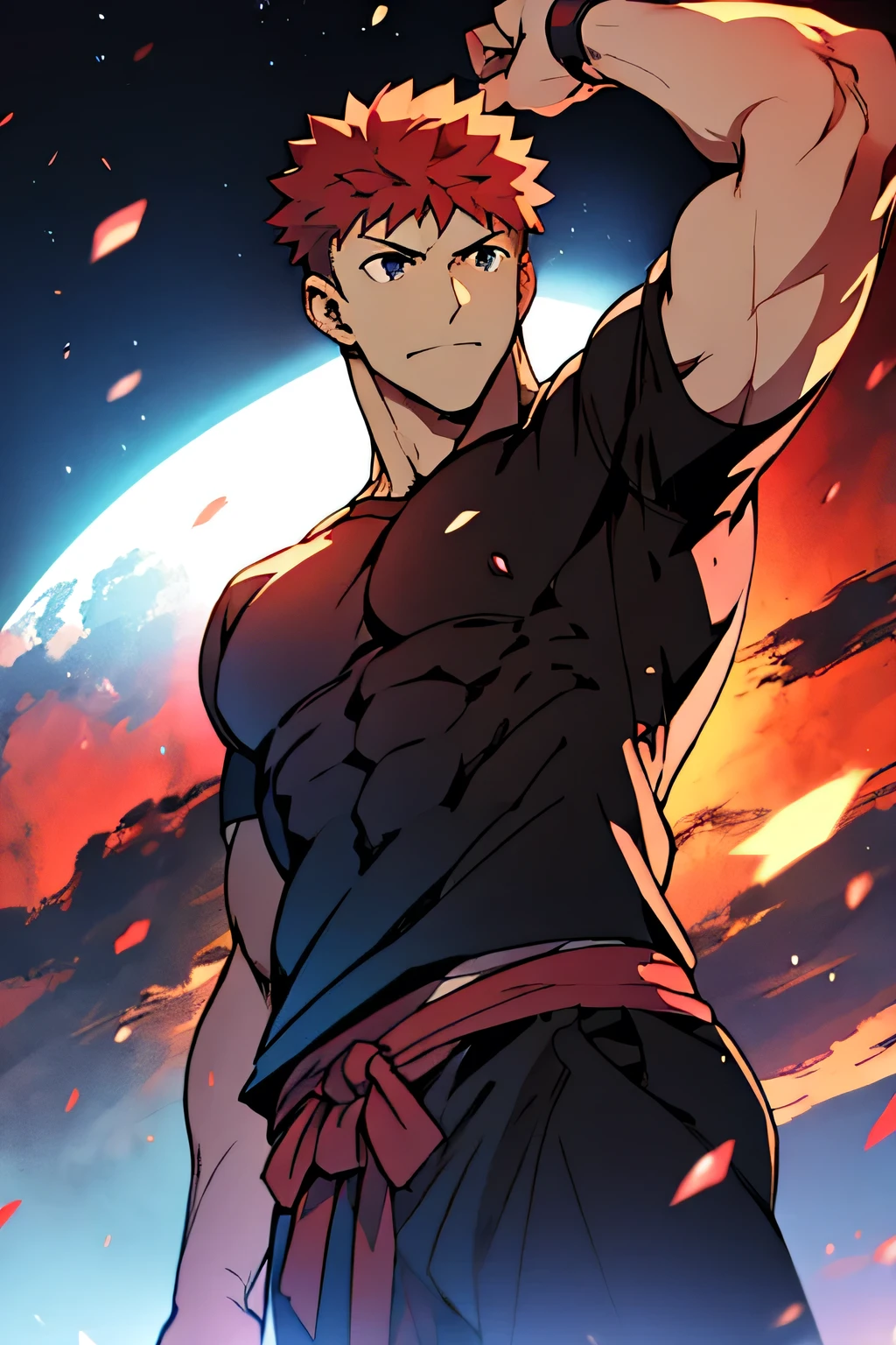 Emiya Shirou is flexing his biceps and abs while his black tshirt is lifted up. His tshirt has short sleeves.