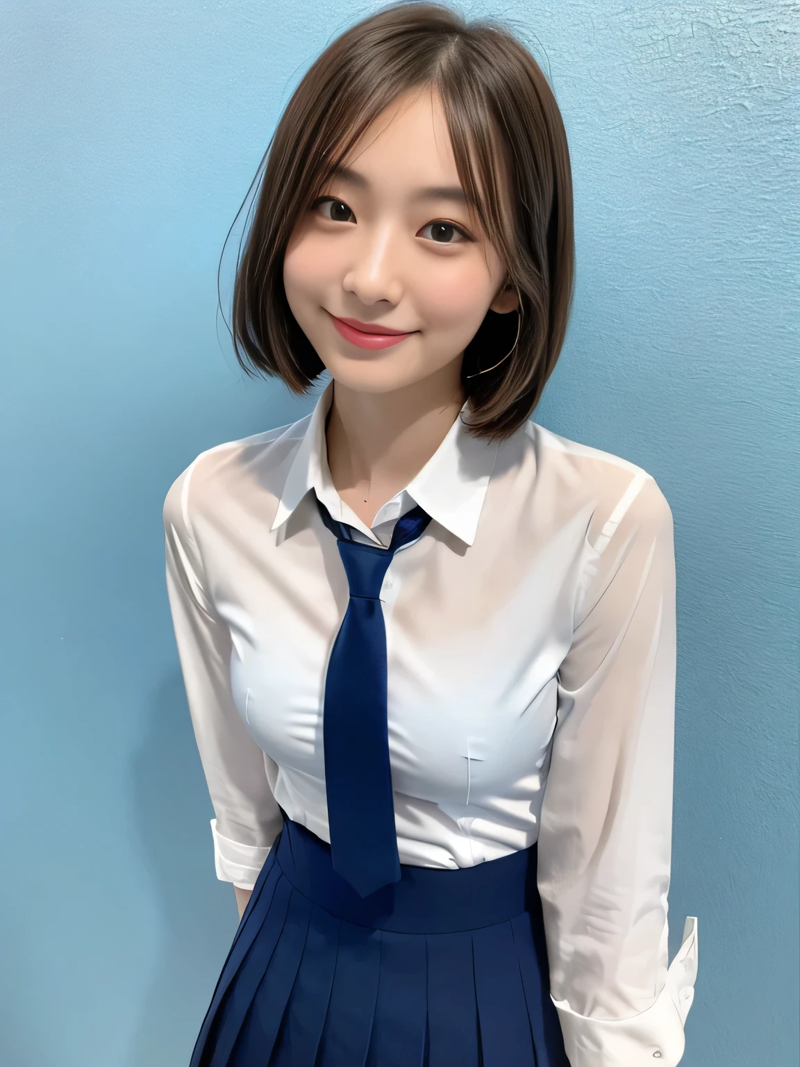 (highest quality、8k、32k、masterpiece、Hmph:1.2)、sexy、18-year-old、Cute Japanese Women Photos、Twin tails、thin、slender、1 girl、(Bobcut)、(Small Tits)、double eyelid、 White open front shirt、Red tie、You can see her underwear faintly、Navy blue mini skirt、Thighs、Light blue wall、whole body、smile、sexy