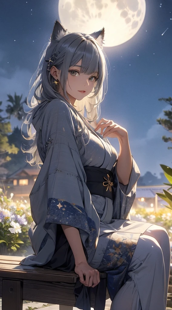 masterpiece, high quality, 4K, Beautiful design, silhouette，Gray Hair， 非常に詳細な夜のStarry Sky,Sitting on a bench in a flower field， wonderful, Finer details,  Very knowledgeable woman, Highly detailed solo, 1 female,Cat ear，Big Breasts，Bright and colorful kimono，Night view，Starry Sky，full moon，