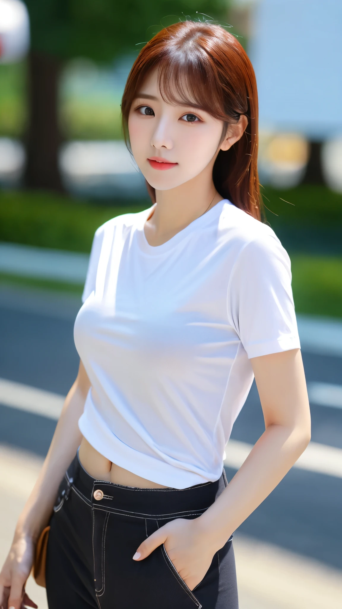 close-up of beautiful korean female, 34 inch breasts size, wearing short sleeve shirt, pants, on the road, bokeh background z UHD