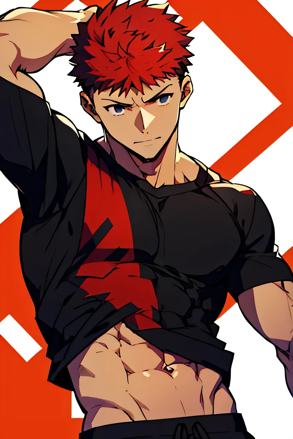 Emiya Shirou is showing his abs in a short sleeved black tshirt which is lifted up