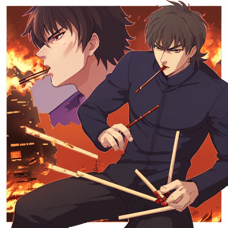 Kotomine Kirei eating Pocky in a burning city