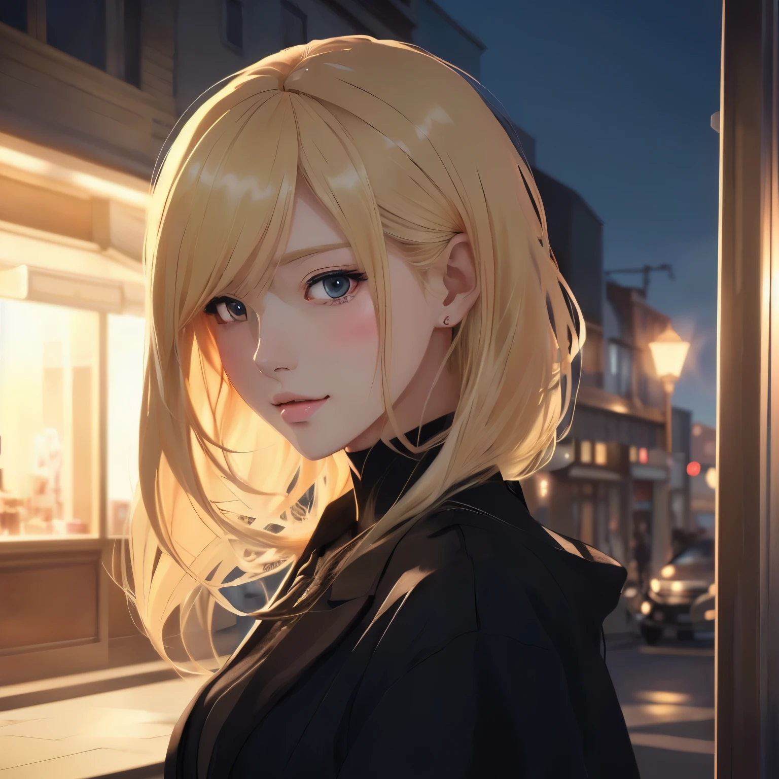 A long-haired blonde woman standing in front of a store, Anime Style. 8k, Anime Style 4 k, Gweiz-style artwork, Beautiful anime portraits, Digital anime illustration, Anime Style portrait, Realistic Anime 3D Style, Anime Girl Portrait, Anime Girl Portrait, Realistic anime art style, Digital anime art