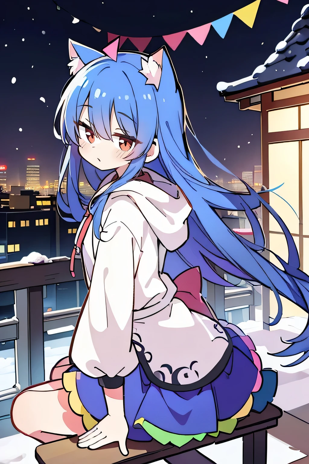 （masterpiece：1.2），Super detailed，lifelike，Expressive eyes，fair skin，perfect face shape，1 girl，
Japanese comics,Gorgeous blue hair,flowing blue hair,flowing clothes,Cat ears,Petals fall,beautiful lola,Baby Angel,
Shaking head with one hand，Cross your legs，Gentle and peaceful background，The pavilion is cool and comfortable,smile, wearing hoodie, background of tokyo,back views,snowing, winter,maid outfit。