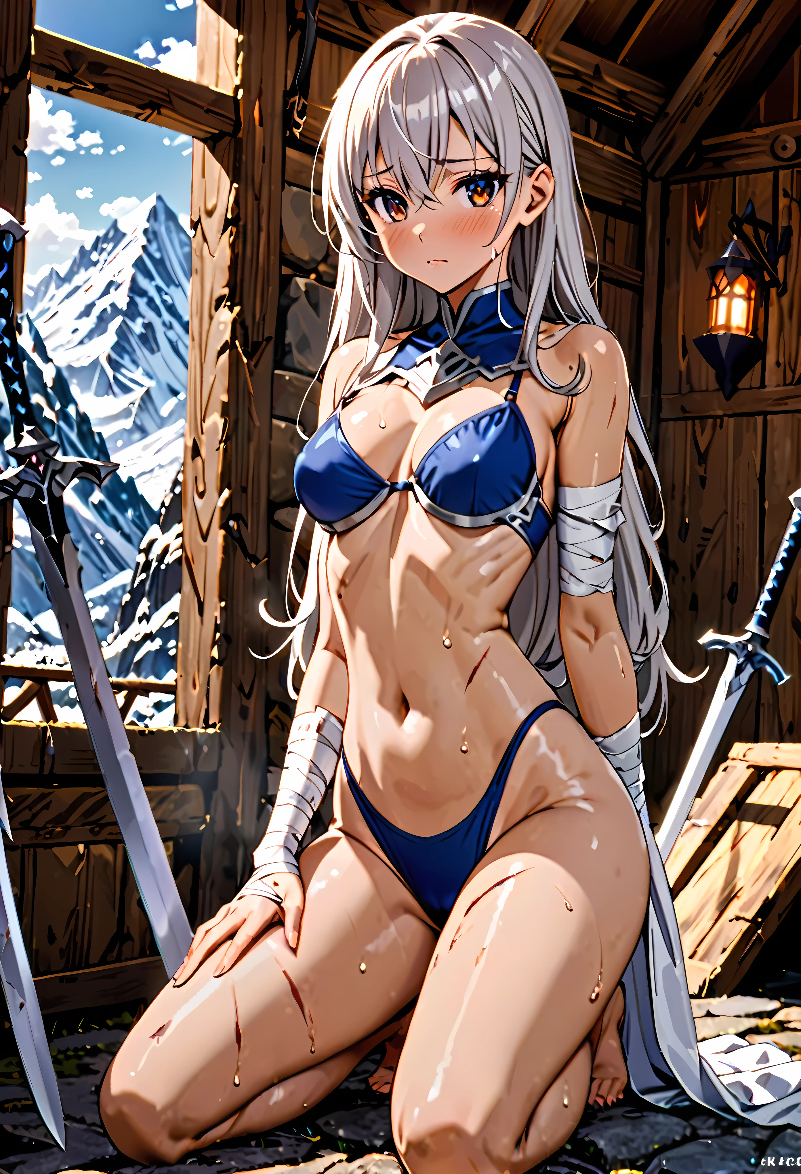 Fantasy art、1 female,The perfect 25 years old,((ideal ratio body proportions,small head:1.7)),((tan skin)),((high quality anime, 8k,masterpiece,Perfect Anatomy)),(beautiful detailed face and eyes,gorgeous eye:1.3,Almond Eyes),brown eyes,female knight、(silver hair),Straight long hair,bangs,blush,sad,cowboy shot,medium breasts,slender body,skinny,sweat;1.3,Sexy blue bikini armor、sitting,Injury:1.5、Healing bandages,kneeling、A world of swords and magic、indoor、Simple mountain hut、