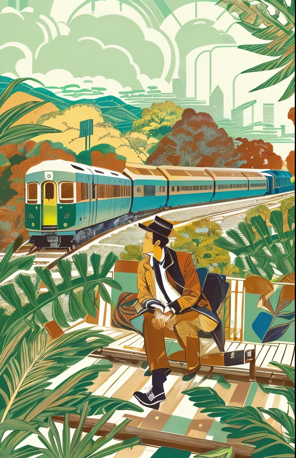 illustration of a man sitting on a bench in front of a train, by Yanagawa Nobusada, by Hamish MacDonald, illustration!, by Craig Thompson, whole page illustration, full page illustration, by Bob Singer, by Juan Villafuerte, by David Brewster, (by tom purvis), illustration », illustration detailed, laurent durieux
