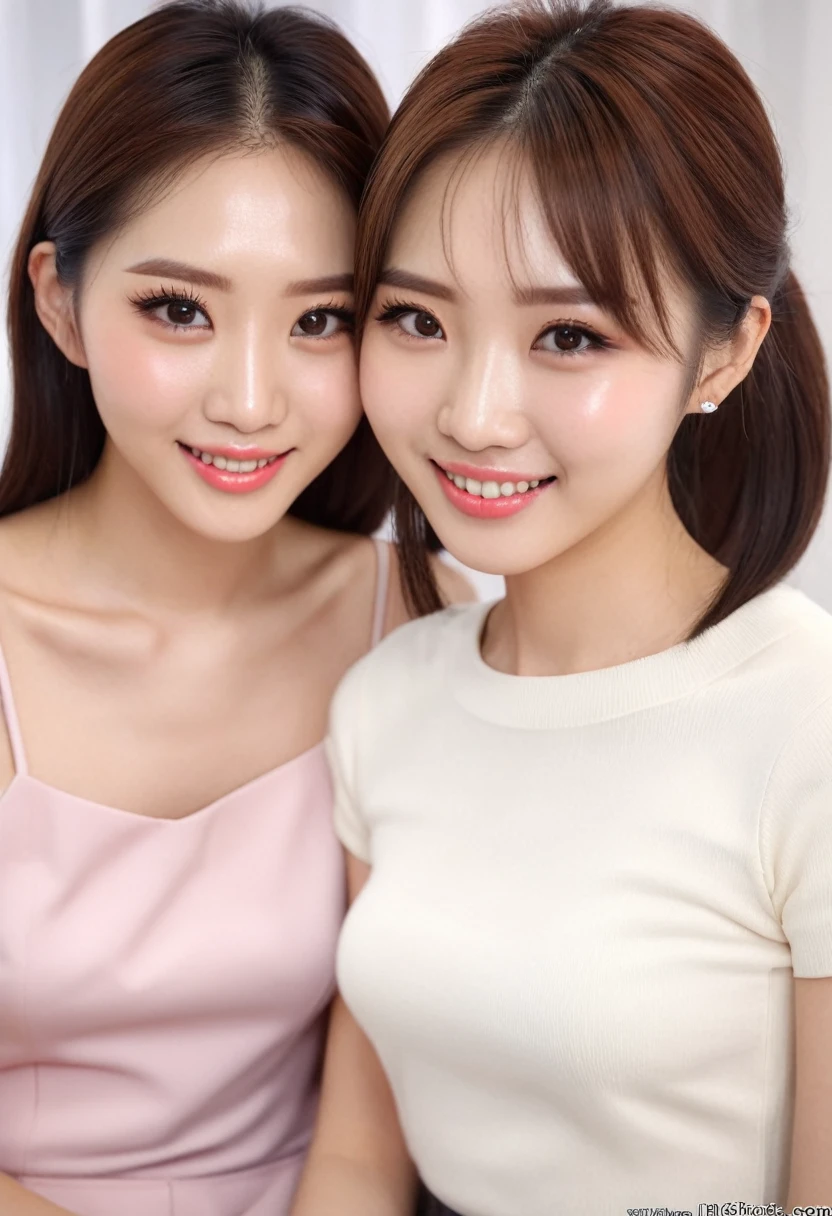 (best quality,16k,high resolution,masterpiece:1.2),very detailed,(realistic,realistic,photorealistic:1.37),Korean fashion beauty,Japanese and Korean beauty  2 cute and innocent girl partners, detailed eyes and face, beautifully detailed lips, long eyelashes, thinning, fashionable, wide smile with teeth, (cute,charming:1.1), clothes  Stylish, lights dimmed, photos taken together, same frame, hugs.