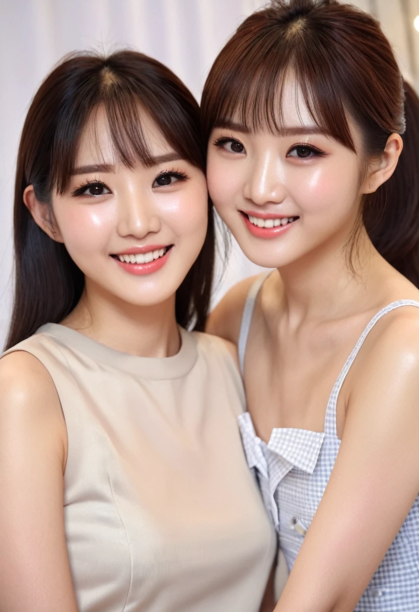 (best quality,16k,high resolution,masterpiece:1.2),very detailed,(realistic,realistic,photorealistic:1.37),Korean fashion beauty,Japanese and Korean beauty 2 cute and innocent girl partners, detailed eyes and face, beautifully detailed lips, long eyelashes, thinning, fashionable, wide smile with teeth, (cute,charming:1.1), clothes Stylish, lights dimmed, photos taken together, same frame, hugs.