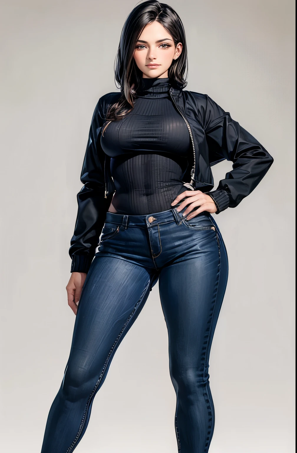 ((melhor qualidade)), ((obra de arte)), (detalhado), rosto perfeito mulher magra com black jeans and a turtleneck sweater. The jacket was a thin black windbreaker