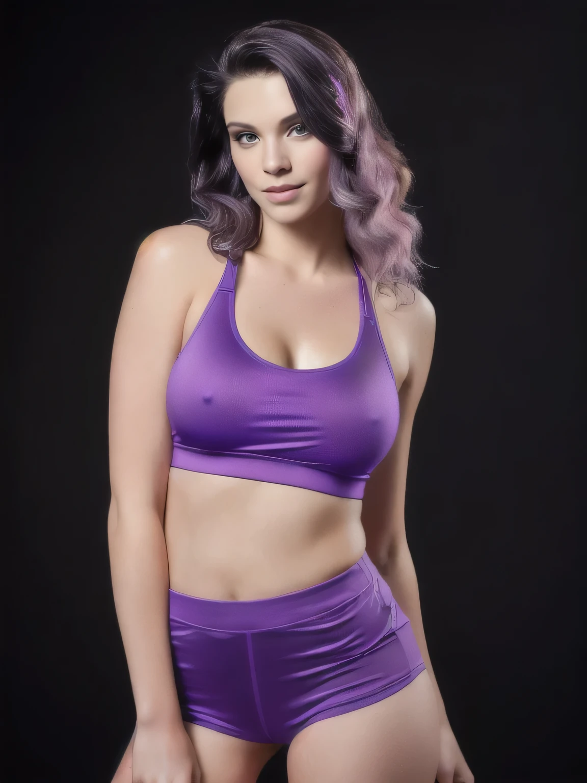 Shapely woman in a purple top and blue shorts posing for a photo, arms to the side, half-length photo, tight photo, half-length photo, half-length photo, violet tight top, half-length close-up, portrait photo full body, full body and head photo, half body portrait, full body photography, centered full body photo, 40 year old woman, 4k, portrait photo, light violet tank top, profile photo, sweaty face, portrait solo 3/4, suitable photo, black background. She is wearing a vibrant pink-purple sports tank top and mixed shorts (((blue-gray-green-black))), suggesting an active lifestyle or athletic attire for working out. Sharp photo, high quality, high resolution (ultra quality masterpiece), Ultra HD, high contrast, 16K. Masterpiece: 1.3, high resolution, (photographically realistic), NUDE, NUDITY, NFSW.