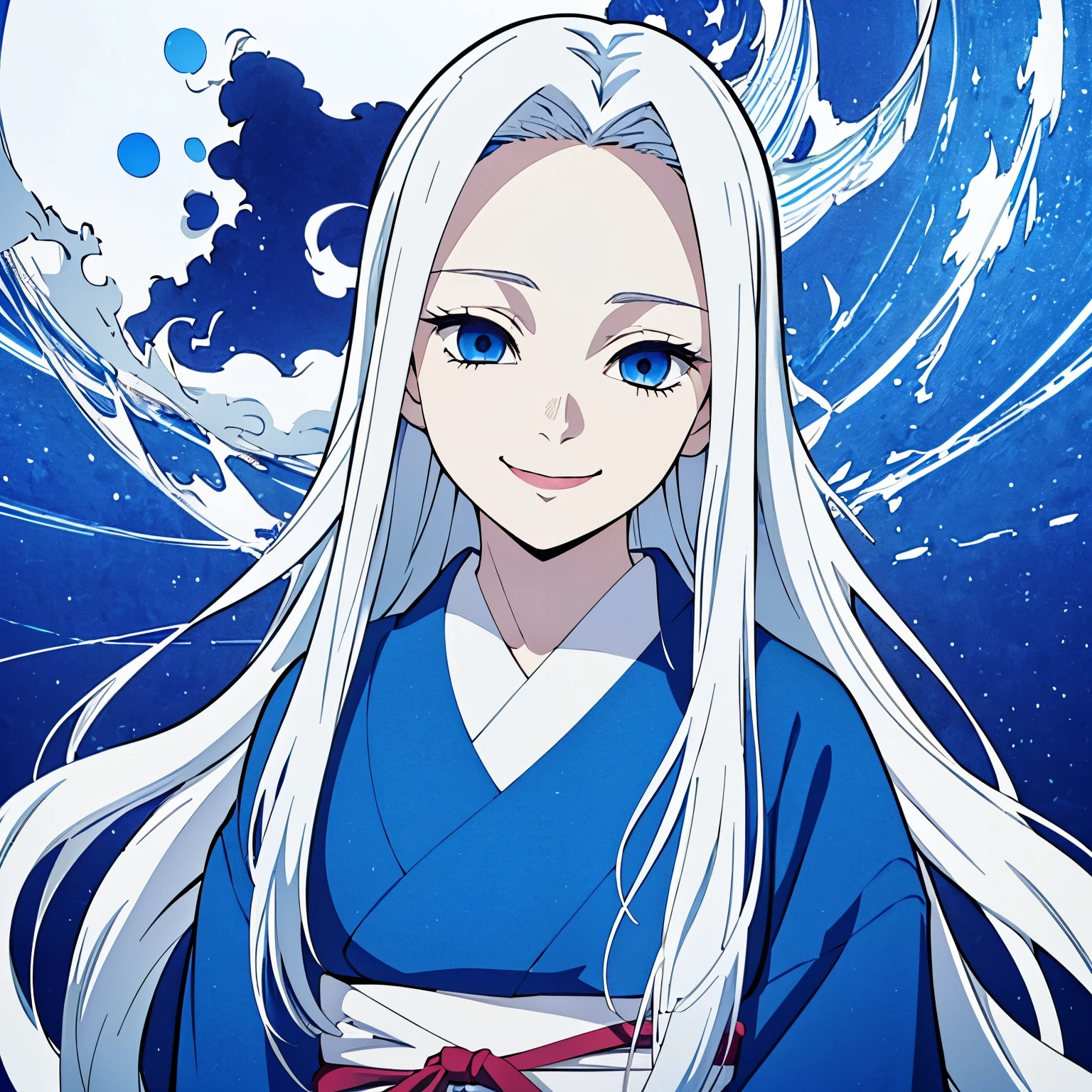 (1 girl, White long straight hair, blue eyes), blue kimono, white hair, (from front), face focus, smile, (half-up half-down hairstyle), Japanese animation color style, ( girl), no background