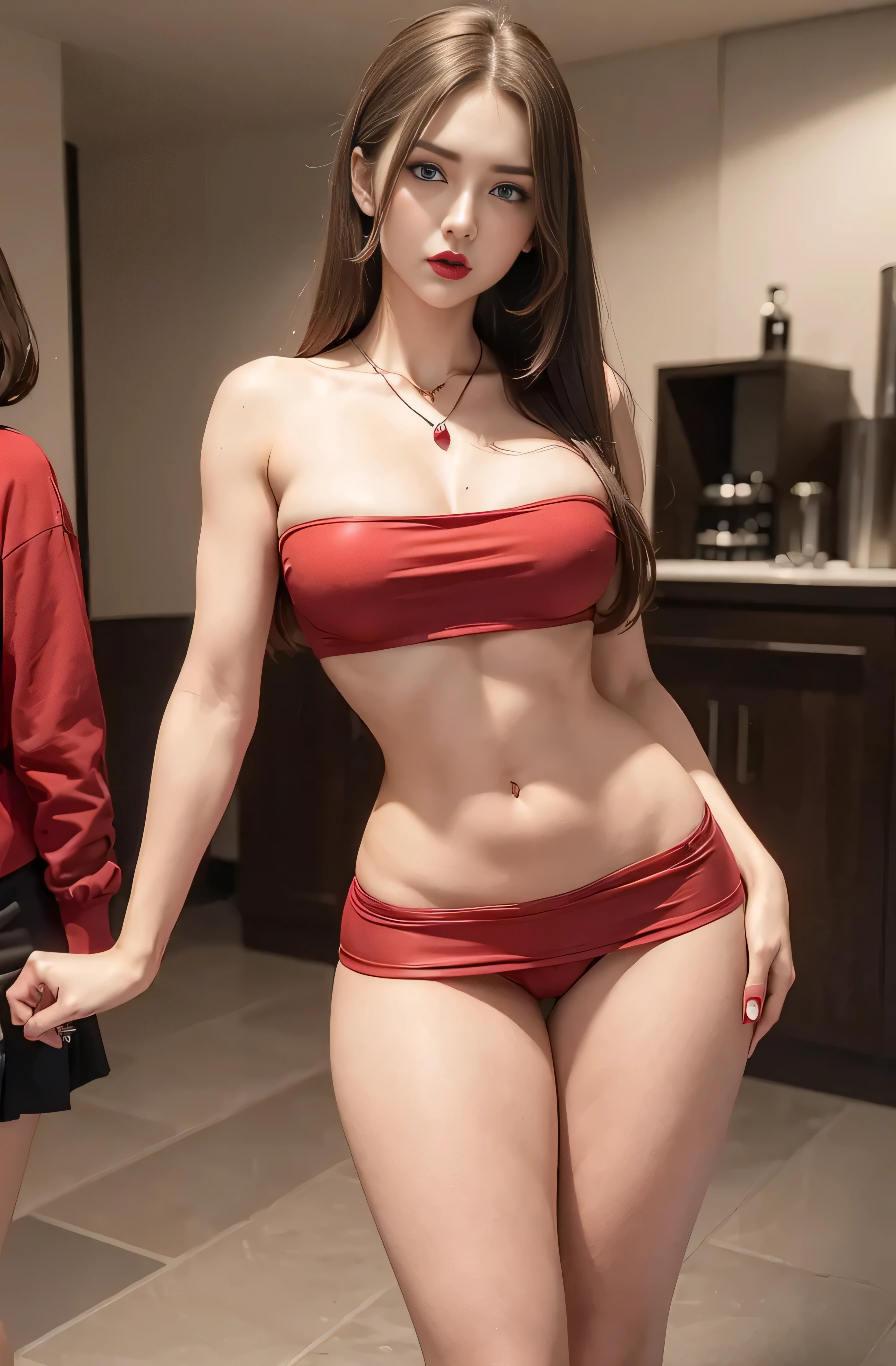 (Best quality, masterpiece: 1.1), (fidelity: 1.4), 1 girl, 30 years old, upper body, Slender body, very long hair, study, very young girl, slave, ((red shirt)), ((miniskirt)), slave necklace, high heels, ((very small breasts)), extremely beautiful woman, ((ultra detailed and toned legs)), ((very wide hips)), ((very thick and toned thighs)), (sexy), ((extreme hourglass figure)), ((very thick heart lips)), ((very small and thick lips)), ((red lipstick)), ((blue eyes)), ((angry look)), (blush), (makeup), miniskirt, high heels, ((she is angry)), ((she used a shirt and miniskirt)), she is angry