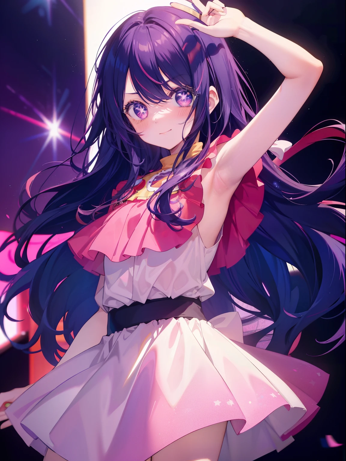 Hoshino Ai、Good looking girl (Long purple hair with square bangs, One-eyed star,blush, Perfect Face), independent , Looking at the camera, masterpiece, Anime art style, Cute Characters, Most detailed, high quality、Nico Nico Smile、Show your armpits、Long Hair、Wear cute clothes、Playing live、Idol Costumes