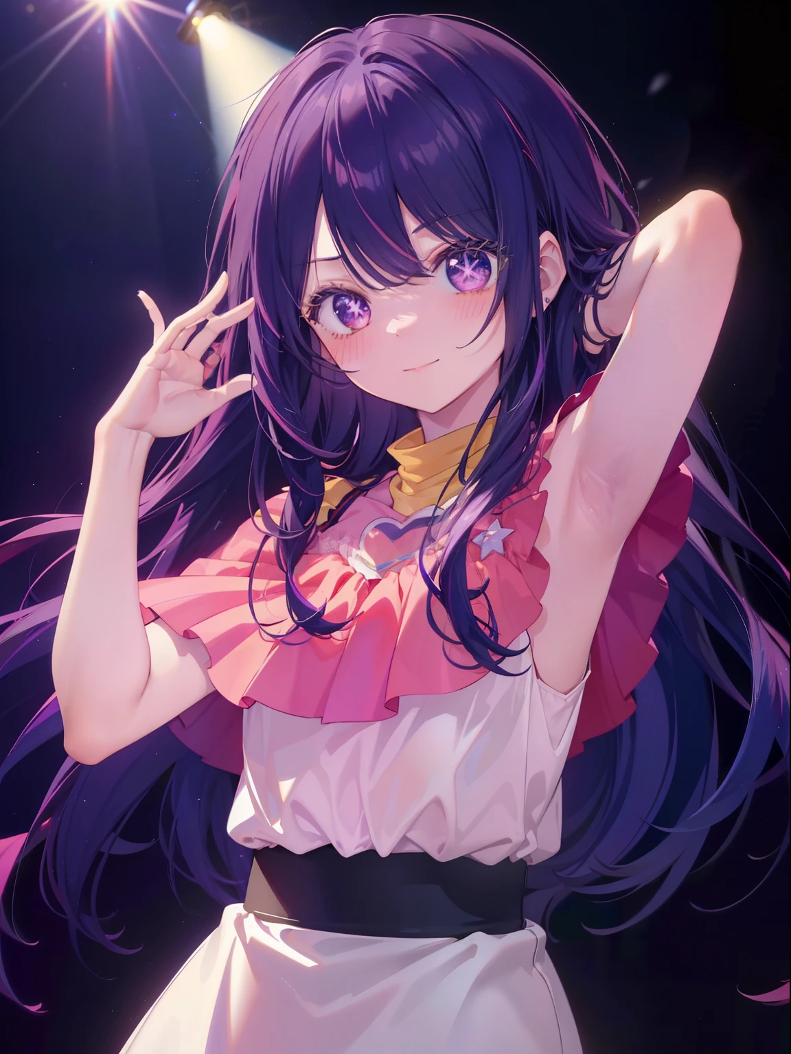 Hoshino Ai、Good looking girl (Long purple hair with square bangs, One-eyed star,blush, Perfect Face), independent , Looking at the camera, masterpiece, Anime art style, Cute Characters, Most detailed, high quality、Nico Nico Smile、Show your armpits、Long Hair、Wear cute clothes、Playing live、Idol Costumes