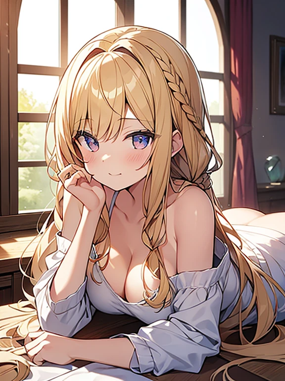 Tabletop, highest quality,figure, wallpaper, Super detailed, Absurd beauty、Lying down、Sloppy、Laziness、A relaxed expression、((1 beautiful girl、))、(Blonde、Long Hair、Braided hair、Wavy Hair、Being lazy、Showing cleavage,Nippley Room、Casual attire、Summer clothes、Loungewear、evening、Backlight、The window is open