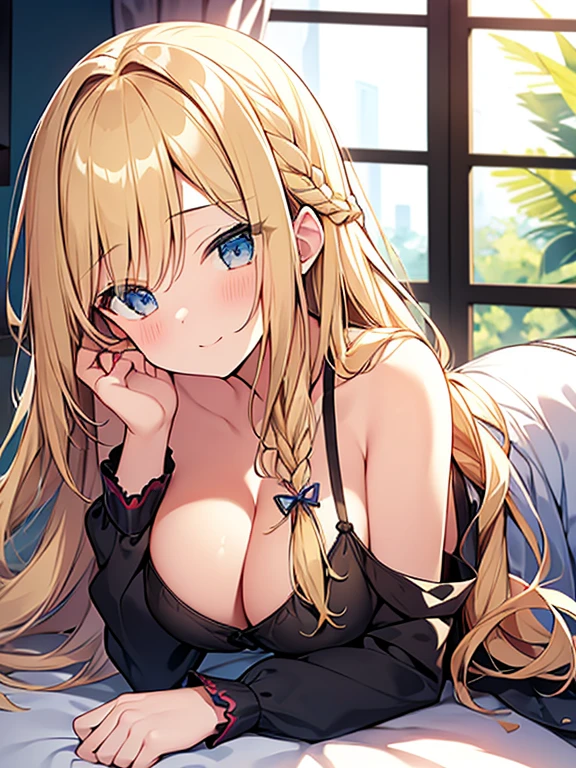 Tabletop, highest quality,figure, wallpaper, Super detailed, Absurd beauty、Lying down、Sloppy、Laziness、A relaxed expression、((1 beautiful girl、))、(Blonde、Long Hair、Braided hair、Wavy Hair、Being lazy、Showing cleavage,Nippley Room、Casual attire、Summer clothes、Loungewear、evening、Backlight、The window is open