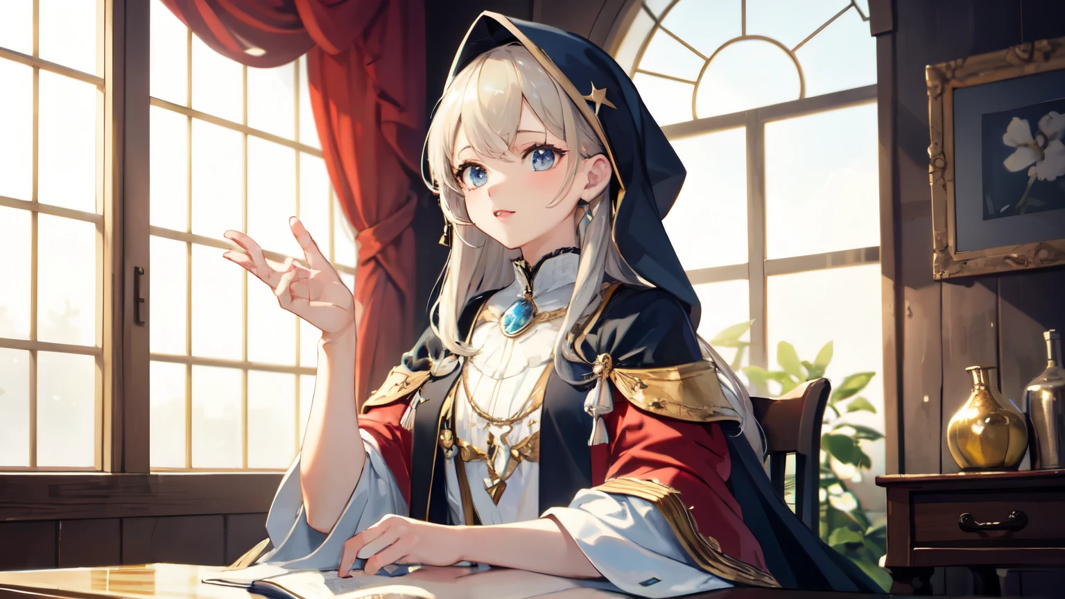 ((highest quality)), ((masterpiece)), (detailed), Cute , Wizard's Clothes, Wizard's Hat, universe, star, Red Eyes, bell, Green medium-long hair, Magic book,