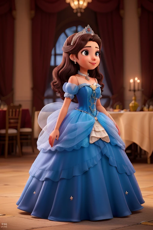 Quinceañera in profile with bright blue Victorian princess dress and crown Full body