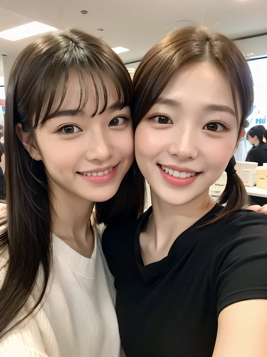 Two people、Smiling while shopping、fun、15 years old、whole body、slender、woman、White drool coming out of the mouth、Short hair, fair skin,Twin tails,、Super cute、Soft and Face、Brown Hair、8k resolution、Surreal、Ultra high definition、 Soft Body、A-cup small breasts((Highest resolution、8k、masterpiece:1.3))、Ultra-fine face、Ultra Fine Lips、Beautiful Eyes、double eyelid,Girls' High 、Red lender's figure、I can see your thighs、Shapely small breasts、