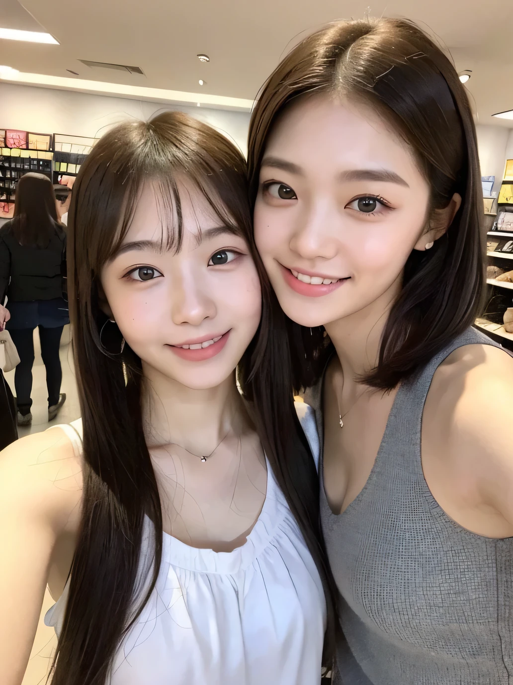 Two people、Smiling while shopping、fun、、whole body、slender、woman、White drool coming out of the mouth、Short hair, fair skin,Twin tails,、Super cute、Soft and Face、Brown Hair、8k resolution、Surreal、Ultra high definition、 Soft Body、A-cup small breasts（（Highest resolution、8k、masterpiece：1.3））、Ultra-fine face、Ultra Fine Lips、Beautiful Eyes、double eyelid,Girls&#39; High 、Red lender&#39;s figure、I can see your thighs、Shapely small breasts、