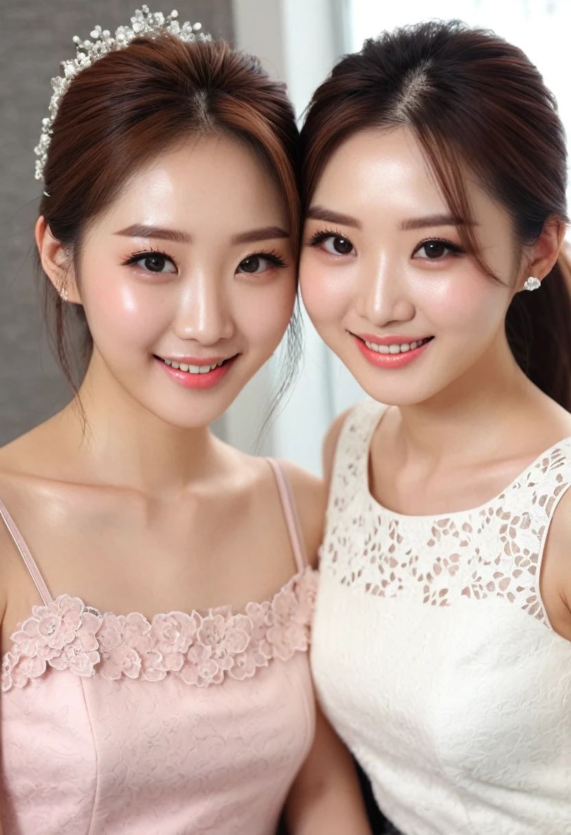 (best quality,16k,high resolution,masterpiece:1.2),very detailed,(realistic,realistic,photorealistic:1.37),Korean fashion beauty,Japanese and Korean beauty 2 cute and innocent girl partners, detailed eyes and face, beautifully detailed lips, long eyelashes, thinning, fashionable, wide smile with teeth, (cute,charming:1.1), clothes Stylish, lights dimmed, photos taken together, same frame, hugs.